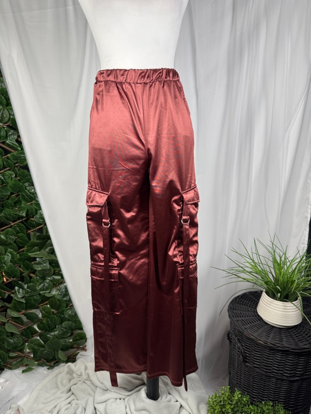 Persaya Satin Wide-Leg Cargo Pants in Deep Wine